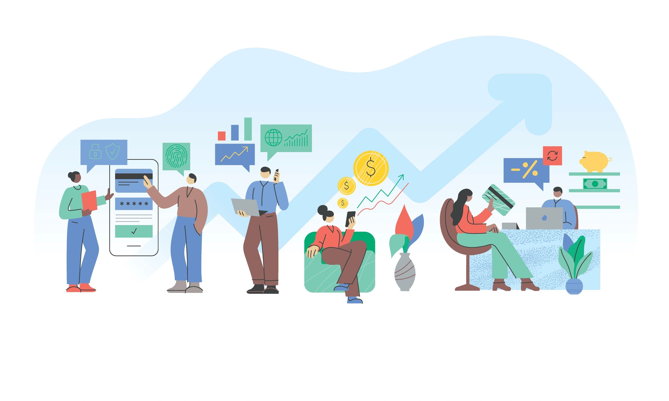 financial education hero, diverse people learning about money, digital illustration, modern, bright, professional